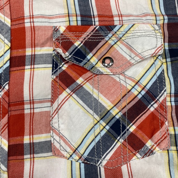 Skully Teal Black White Red Plaid Western Snap Button Down Shirt M - Picture 4 of 6